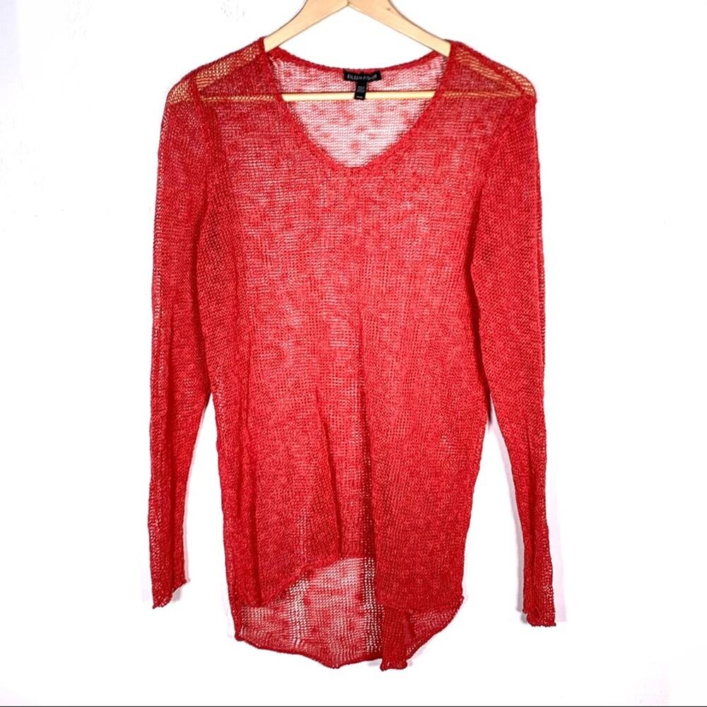 Eileen Fisher Red V-Neck Lightweight Knit Sweater